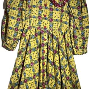 Charming Vintage Floral “Mousefeathers” Kids Dress in Yellow and Red